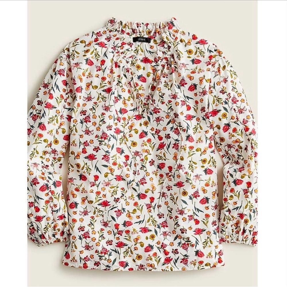 J. Crew Ruffle Tie Neck Floral Cotton‎ Popover XXS